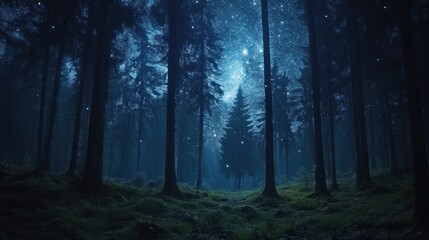 Obraz premium Quiet forest with shadows of tall trees under a brilliant Milky Way sky