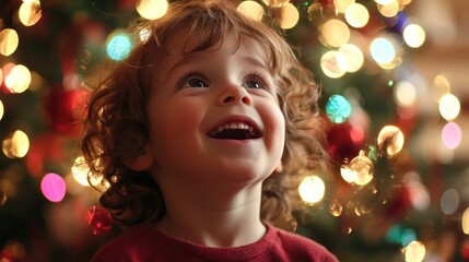 A child in front of a Christmas tree, face beaming with excitement as they prepare to open presents