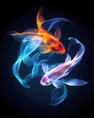 Colorful fish swim gracefully in an artistic underwater scene.