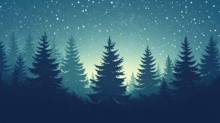 Silhouettes of tall pine trees against a glowing starry sky, creating a peaceful forest night background