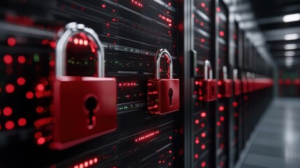 A visually striking scene of locked red padlocks on data servers, symbolizing security and protection of digital information.