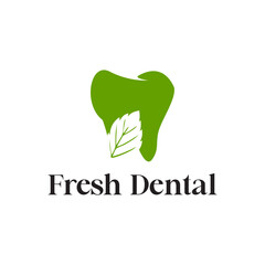 Dental Mint Logo Design. Fresh Toothed Green Leaves with Negative Space Style