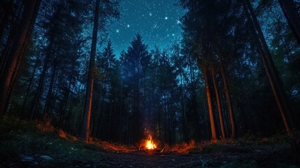 Obraz premium Twilight forest with glowing embers of a distant campfire and stars beginning to appear above