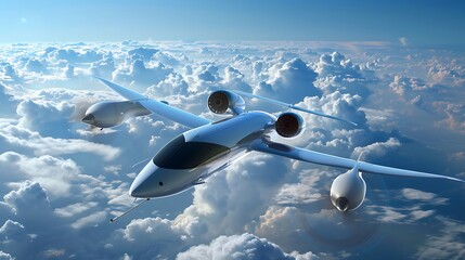 Futuristic Aircraft gracefully flies above a sea of fluffy clouds, showcasing advanced aviation...