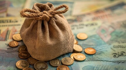 5.A well-worn canvas money bag tied with a thick rope, set against a backdrop of old coins and currency notes. The drawstring is tightly closed, emphasizing protection and safekeeping. The simple,