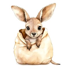 A cute, cartoon-style kangaroo peeking out of a soft bag.