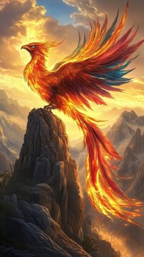 A majestic phoenix with fiery wings perched on a mountain peak, bathed in golden light, with a dramatic backdrop of swirling clouds.