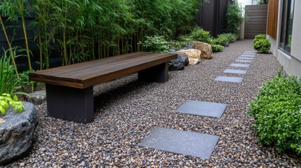 A tranquil garden courtyard showcases green bamboo, a wooden bench, and pebble pathway, inviting reflection and peace in its natural simplicity.