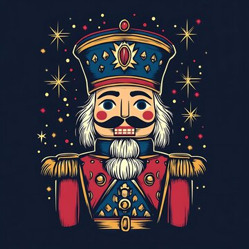 A colorful nutcracker figure adorned with stars and patterns, representing holiday cheer.