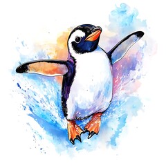 A colorful illustration of a penguin with outstretched wings against a vibrant background.