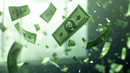 7.Falling Green Banknotes, 3D Money Concept: