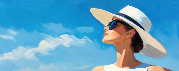 Woman in sunglasses enjoying summer sunshine beach art bright sky serenity