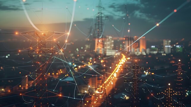 Night view of a city illuminated by countless lights, with a prominent power grid network forming a striking visual display.