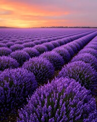Obraz premium A breathtaking lavender field at sunset, showcasing vibrant purple blooms stretching towards a colorful sky. The serene atmosphere invites tranquility and peace.
