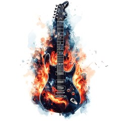 A fiery electric guitar surrounded by vibrant flames and splashes of color.