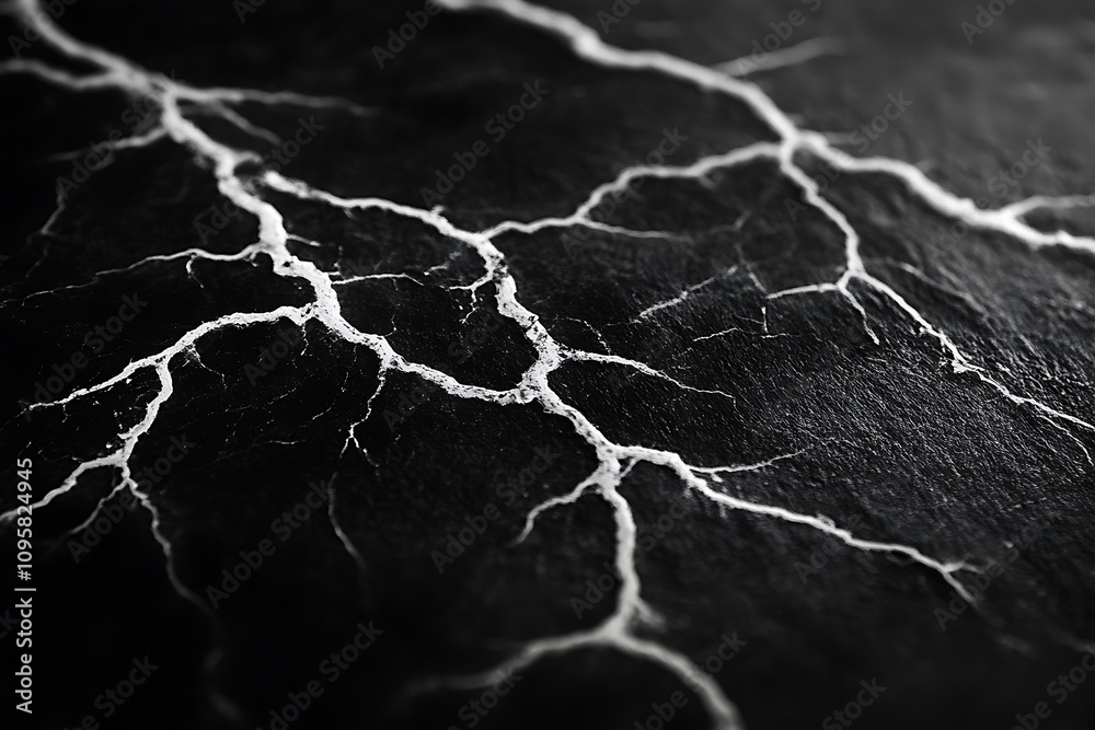 Poster close-up of dark surface with white crack patterns.
