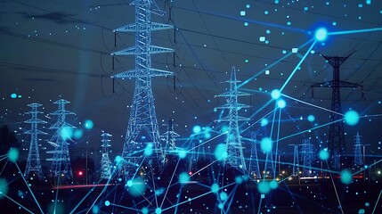 Night view of power transmission towers and lines with digital overlay for modern energy infrastructure and smart grid technology concept.