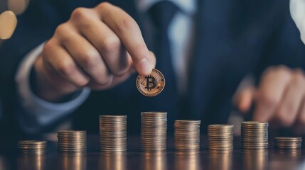 31.Money interest rate increase concept, percentage commission credit, grow up stock risk management, bank policy price raise, businessman with coin, calculate high percentage of company profit