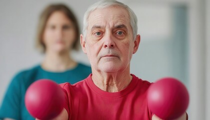 Occupational therapist helping stroke patient with upper body exercises, clinical environment, dedication to recovery