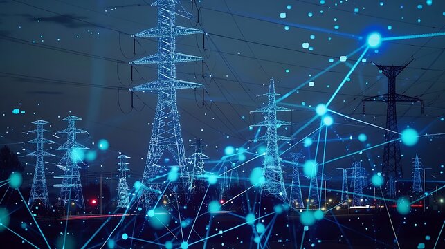 Night view of power transmission towers and lines with digital overlay for modern energy infrastructure and smart grid technology concept.