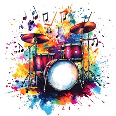 A vibrant watercolor illustration of a drum set surrounded by colorful splashes and musical notes.