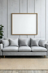 Modern Living Room 3D Render Gray Sofa Wooden Frame