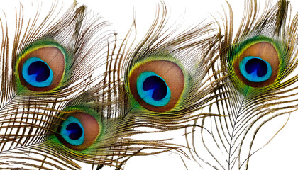 Obraz premium Beautiful Peacock Feathers with Blue and Green Eyespots on White Background