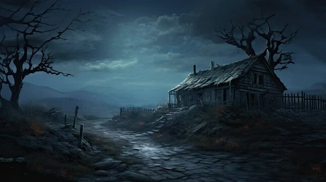 A view of nature and an abandoned house at night. 4k animated video