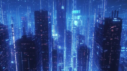 Futuristic cityscape at night, glowing skyscrapers, digital rain.