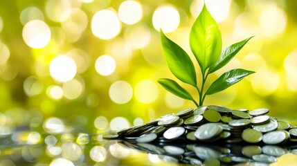 111.A vibrant green plant growing out of a pile of shiny coins, set on a reflective surface with a bright background. The image conveys the idea of nurturing savings and making wise business