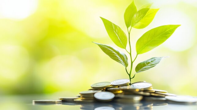 111.A vibrant green plant growing out of a pile of shiny coins, set on a reflective surface with a bright background. The image conveys the idea of nurturing savings and making wise business