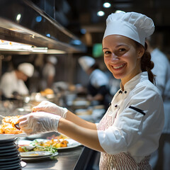 Joyful chef preparing delicious dishes in a busy restaurant kitchen action-focused culinary environment professional viewpoint
