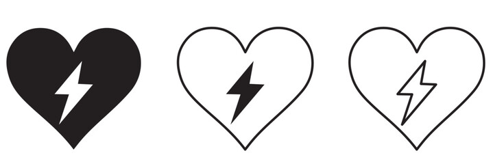 AED icon, automated external defibrillator, aed sign with heart and electricity symbol flat vector icon.