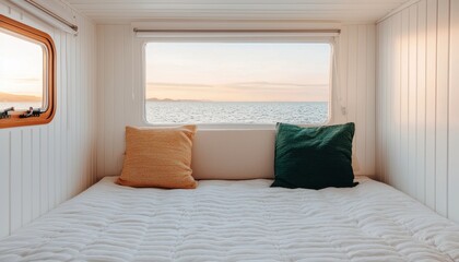 Cozy bed nook overlooking water tranquil retreat minimalist design