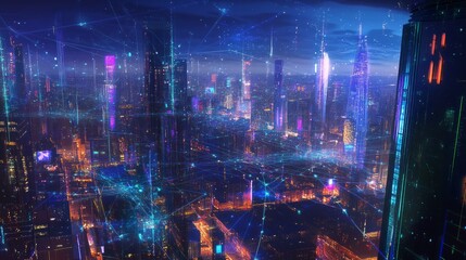 Obraz premium Futuristic cityscape at night, illuminated skyscrapers connected by digital network.