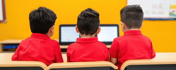 technology in school  resources innovation concept. Three children in red shirts sit together at a desk, focused on a computer screen in a bright classroom setting.