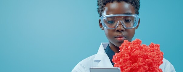 technology in school  resources innovation concept. A young scientist in a lab coat examines vibrant red material, wearing protective goggles, against a blue background.
