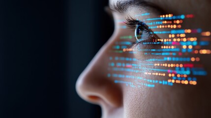 An artistic close-up showcases digital lines and binary code projected on a face, symbolizing the fusion of technology and human identity.