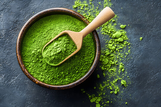 Matcha green tea powder in a porcelain cup on a gray background.
