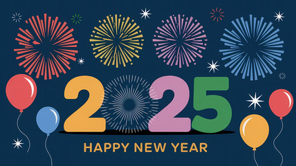 Happy New Year 2025 Celebration with Fireworks, balloons, and Glitter. Creative Elegent New Year Greeting Card, Banner, Background Design.