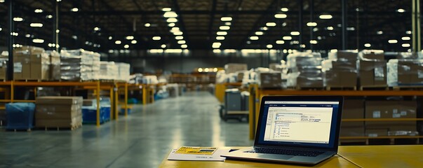 A laptop on a table in a warehouse filled with stacked boxes and shelves.