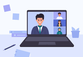 Flat design of online video conference on laptop screen vector illustration