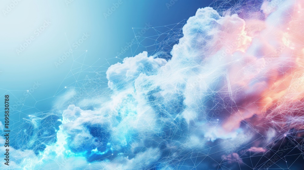 Poster visualizing cloud computing networks in digital data centers ethereal connectivity patterns in soft 