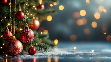 Closeup of a decorated Christmas tree with red ornaments, snowflake designs, golden lights, and a snowy surface. Festive and magical holiday mood.