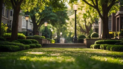 Find tranquility in an urban escape with towering trees and verdant lawns.