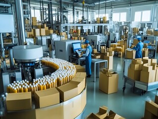 A factory interior with workers packaging products and managing production lines.