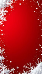 A red background is framed by white snowflakes of varying sizes. Small white dots and sparkles add to the winter wonderland effect, creating a festive holiday border.