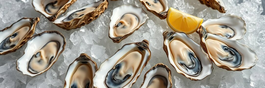 Freshly shucked blue point oysters arranged on a bed of ice, raw oysters, appetizer selection