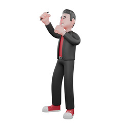 Cartoon Dance Choreographer Character. A male choreographer standing holding a pen in his left hand and his right hand clenched with happy expression. 3D Performer