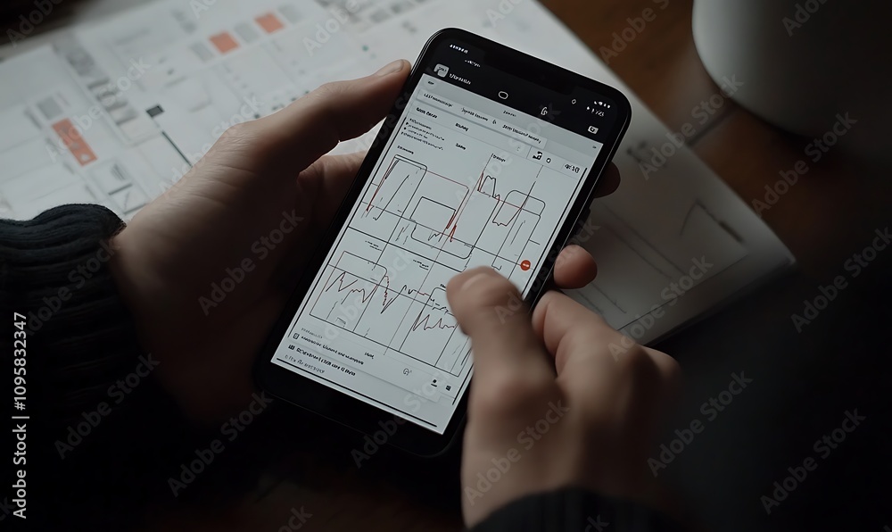 Aufkleber a person using a smartphone to view data visualizations on a screen.